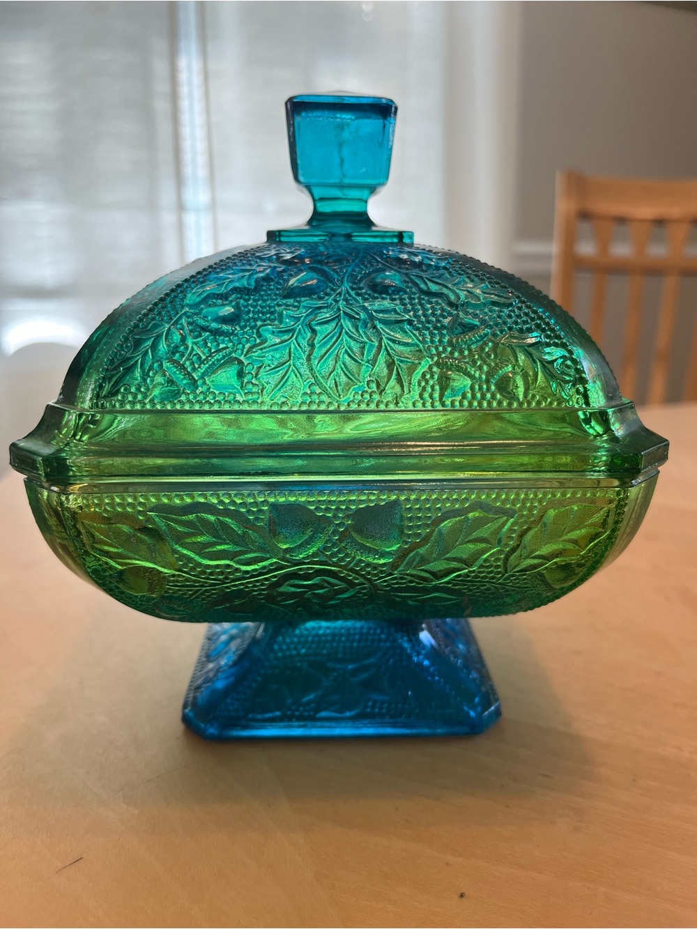 Vintage Jeanette Glass Embossed Glass Covered Pedestal Dish in Blue Green Ombre